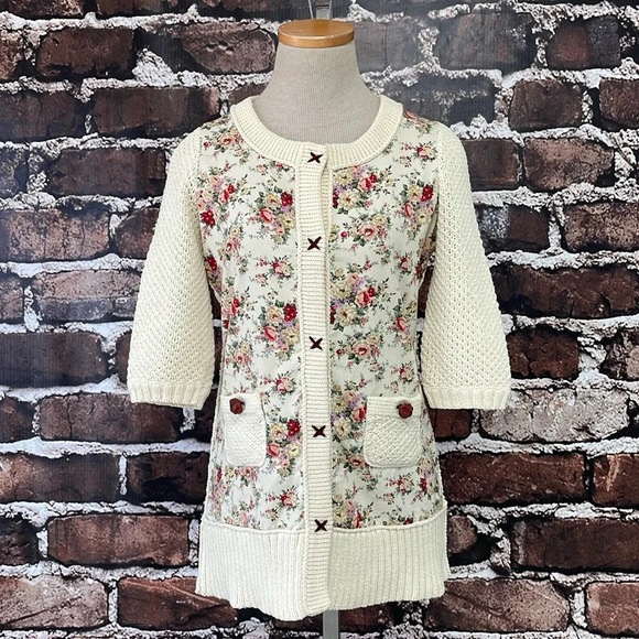 Anthropologie HWR Monogram Jacket Women's XS Extra Small Cream Floral Denim Knit - Picture 5 of 15
